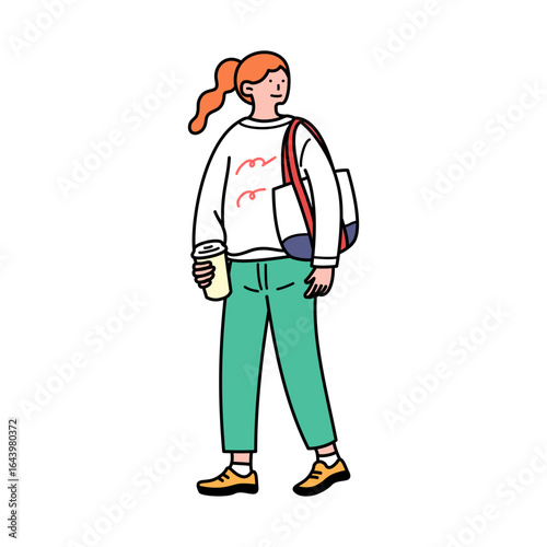 Illustration of a woman walking while looking back, carrying a takeout drink.