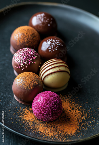 Delicious chocolate truffles arranged on black plate, showcasing vibrant colors and textures