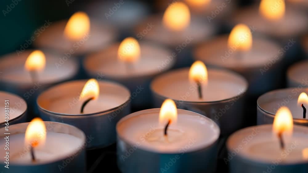 Burning Tea Light Candles in a Group, Close-up Shot Burning Tea Light Candles in a Group, Close-up Shot