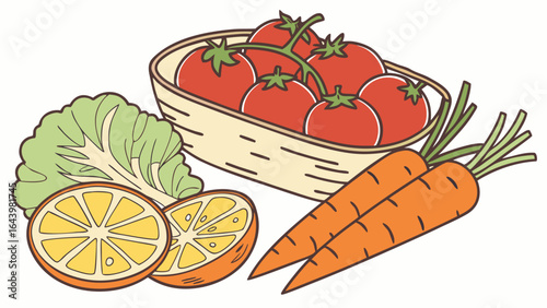 Fresh vegetables and fruits with tomato carrot cucumber and pepper on white background