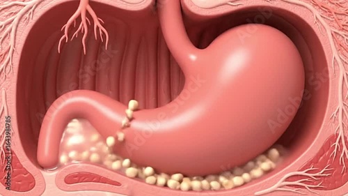 Illustration showing a stomach with gallstones surrounded by muscle tissue and blood vessels