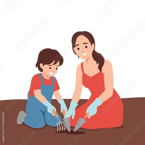 Mother and child happily plant seeds in the soil, enjoying a sunny day of gardening and bonding. Flat vector illustration isolated on white background