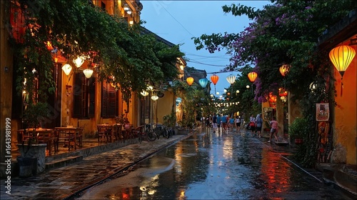 Lantern-lit streets of Hoi An, Vietnam, at dusk glow with warm colors, casting a magical charm over the ancient town.
