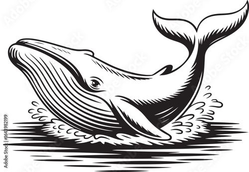 Vintage Hand-Drawn Whale Breaching Vector Illustration with Dynamic Splashing Waves