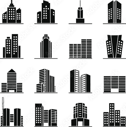 City Buildings Silhouette Set – Modern Urban Architecture Icons, vector illustration
