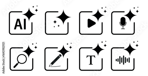 AI Spark Icon Set – Artificial Intelligence, Search, Voice, Writing & Media Symbols