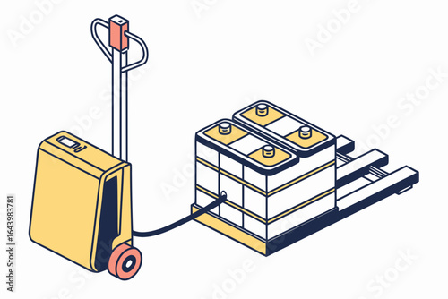 An electric pallet jack charging at a docking station next to spare batteries, symbolizing sustainable equipment use, modern flat illustration style.
