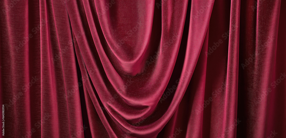 Fototapeta premium Elegant red velvet curtain draped in folds creating luxurious texture