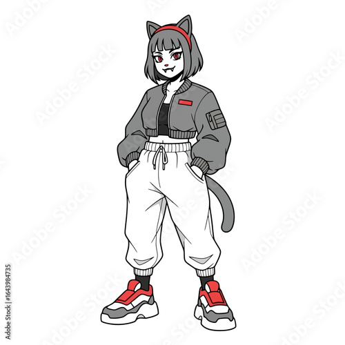 Cartoon cat girl in urban outfit standing confidently  