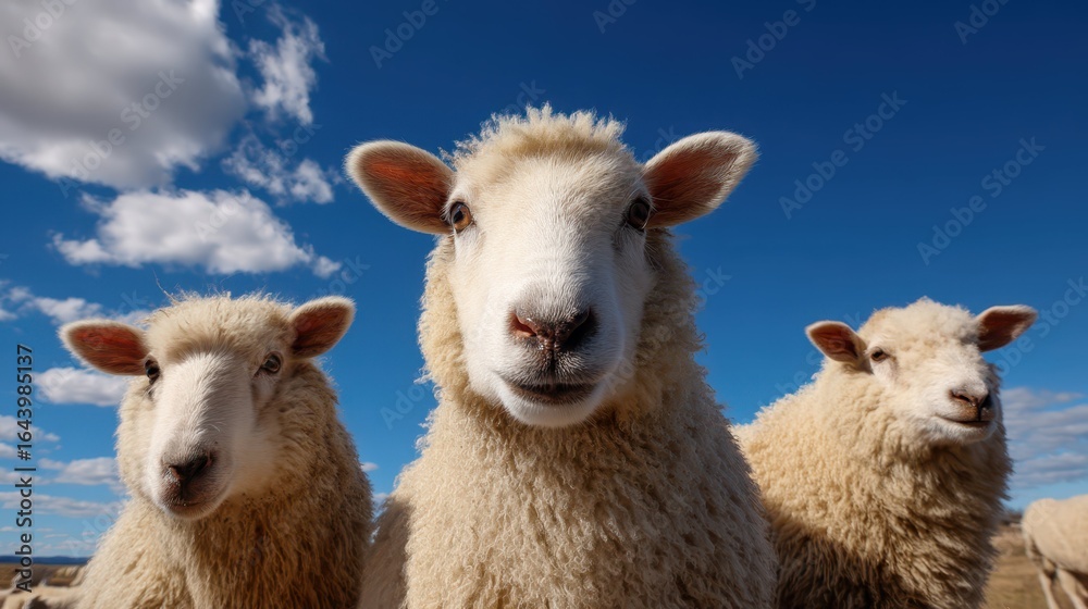 Happy Sheep Under a Bright Blue Sky with Fluffy White Clouds Happy Sheep Under a Bright Blue Sky with Fluffy White Clouds