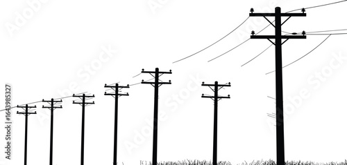 Utility poles, electric power lines, rural energy grid, wooden transmission poles, electricity infrastructure, voltage cables, distribution lines, countryside power network