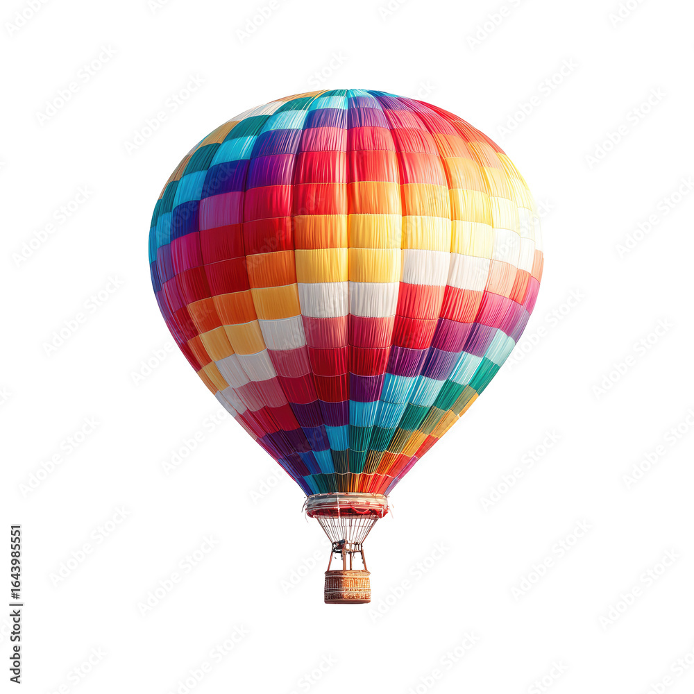 Fototapeta premium A vibrant hot air balloon, multicolored panels creating a checkered pattern, floats against a dark background