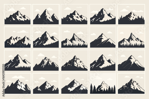 Majestic Mountain Range Collection: A set of diverse silhouette designs, each representing a distinct mountainscape, conveying the grandness and tranquility of nature.