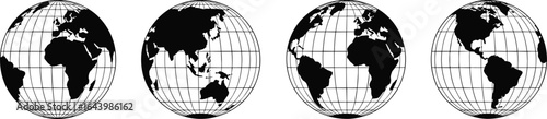 Four globe projections, earth illustration, world map, geographic view, global representation, black and white, educational image, spherical grid, stock photo