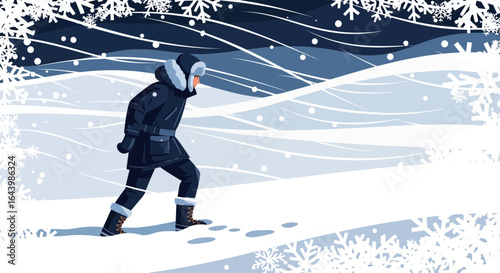 A lone figure trudges through a snowy landscape amidst falling snow illustration