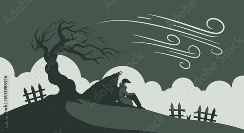 A lonely angel rests beneath a wind-swept tree in a somber monochromatic landscape evoking feelings of sadness and isolation