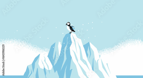A lone puffin perched atop an iceberg surrounded by a serene arctic landscape creates a captivating scene