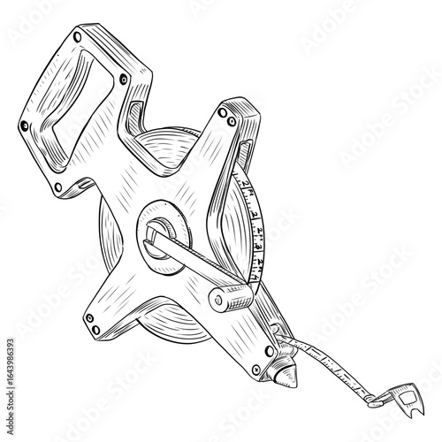 Hand-drawn vector illustration of an open reel measuring tape