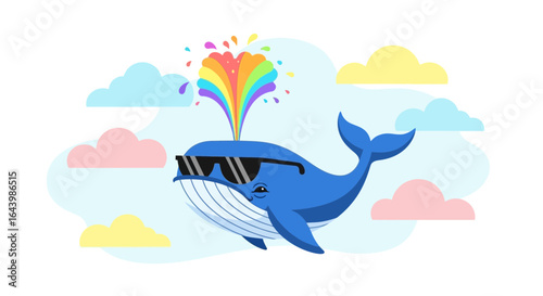 A blue cartoon whale with sunglasses and a rainbow fountain enjoys the sky scenery