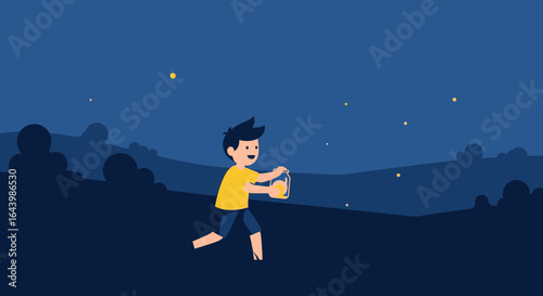 A boy catches fireflies at night, running through the fields with a jar in hand capturing the magic of the evening in a simple illustration