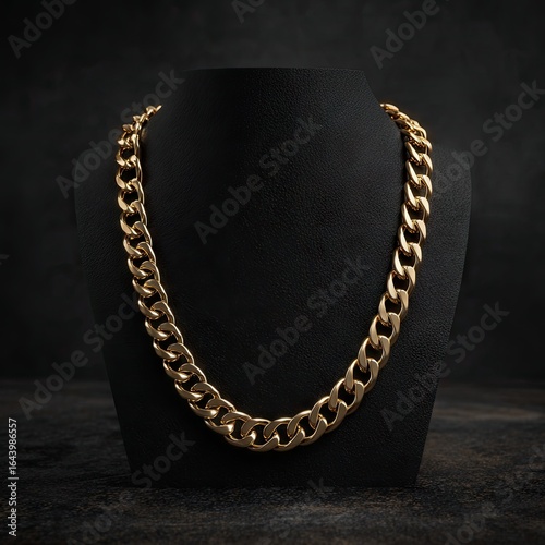 Thick, gold curb chain necklace displayed on a black mannequin against a dark background.  The chain has a substantial weight and bold links