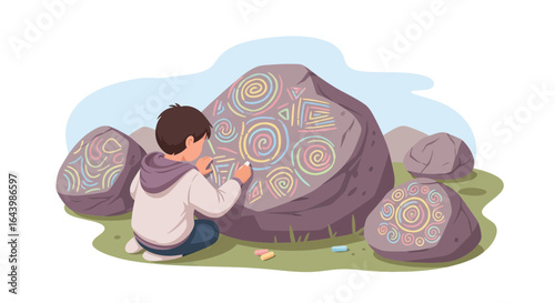 A boy is drawing on rocks with chalk to express his creativity and imagination during the summer vacation