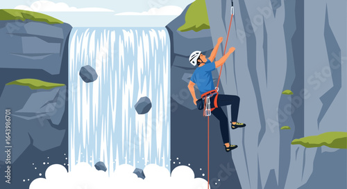 A brave adventurer ascends a towering cliff face near a majestic waterfall adventure and sport spirit