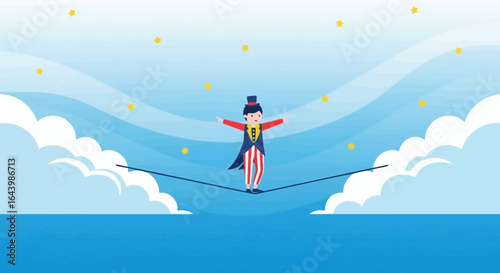 A brave circus performer balances on a tightrope against a dreamy sky background with stars