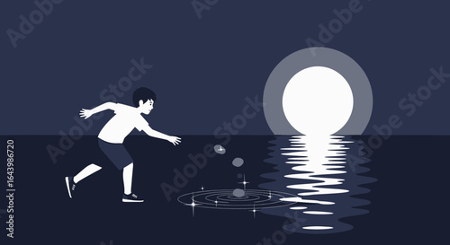 A boy throwing stones into the water at night with moon reflected on the surface minimalistic illustration