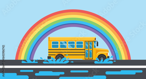 A bright yellow school bus driving on a road with puddles under a colorful rainbow landscape
