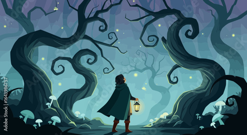 A brave adventurer ventures through an enchanted forest with gnarled trees