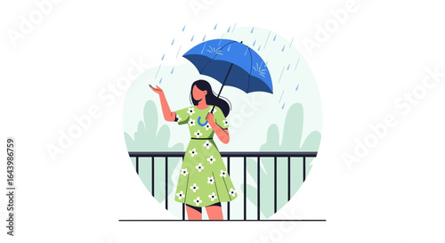 A woman holding an umbrella in the rain illustration with soft greenery background illustration