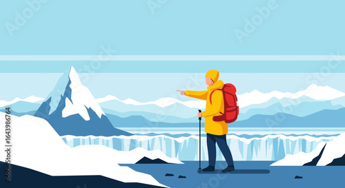 A brave traveler with a backpack explores the icy landscapes of a cold mountain range