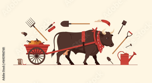 A brown bull with a red bandana pulling a cart loaded with pumpkins showcases rural life