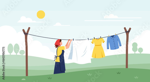 A woman hangs laundry on a clothesline in a serene countryside setting with natural beauty and bright sunshine evoking a sense of domesticity