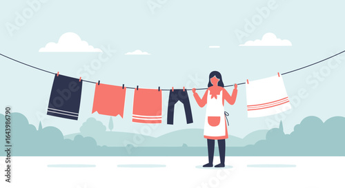 A woman hangs laundry on a clothesline outdoors amidst a serene landscape scene