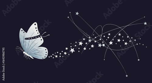 A magical butterfly releases a trail of stars illustration on a dark background
