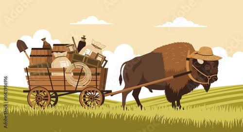 A captivating illustration of a bison pulling a wooden cart filled with goods on a farm scene