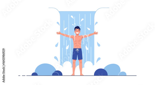 A Man Enjoying the Refreshing Cascade of a Waterfall for Relaxation and Well-being