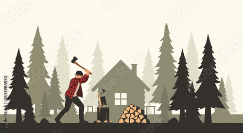 A man cutting wood in a forest with a house in the background showcasing rural life and nature activities
