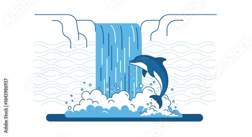 A captivating illustration of a dolphin leaping out of water near a waterfall scene