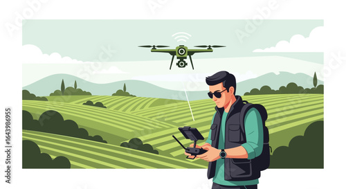 A man controlling a drone over a rural landscape using technology for agriculture and outdoor recreation activities