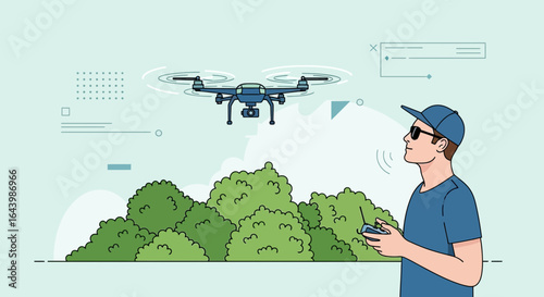 A man flying a drone over the forest with remote control technology for aerial video and photography in nature