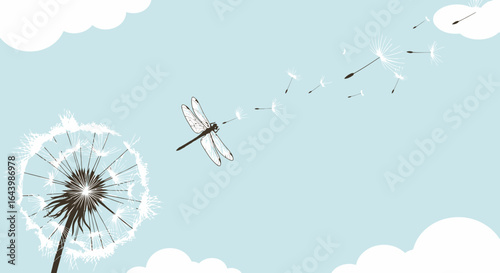 A captivating scene of a dragonfly gracefully interacts with a dandelion in the sky creating a serene and dreamlike atmosphere