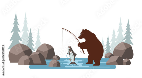A Cartoon Brown Bear Fishing in a River with Fish, Trees and Rocks Illustration