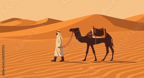 A mesmerizing depiction of a nomad guiding his camel across the undulating desert sands under a clear orange sky