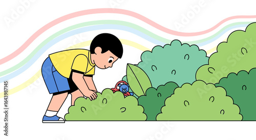 A cartoon boy is playing in a garden and looking for a hidden teddy bear with happiness