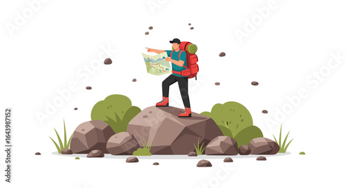 Adventurous hiker on rocky peak using a map to find their way and explore the landscape