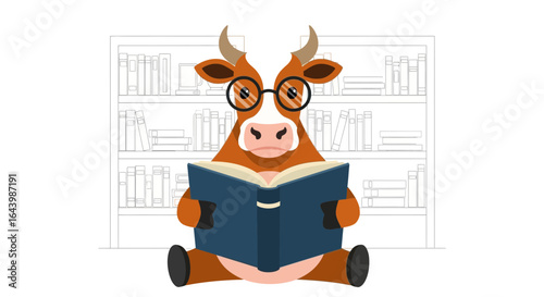 A cartoon cow wearing glasses and reading a book in front of a bookshelf illustration