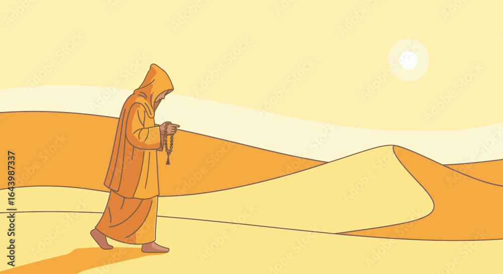 Obraz premium A Monk's spiritual journey through the desert with prayer beads in hand under the scorching sun